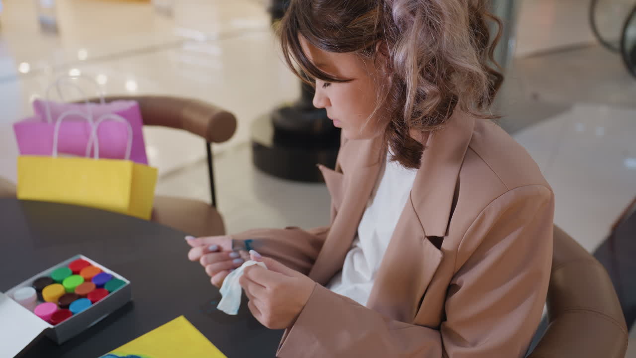 mujer caucásica con material de arte, mujer creando obras de arte con colores y herramientas vibrantes, artista concentrada mientras prepara pinturas y pinceles en un estudio comercial