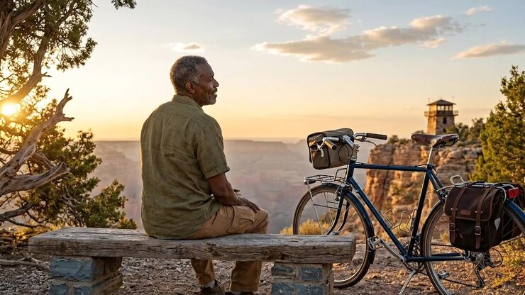 Cyclist watching sunset over mountain landscape
