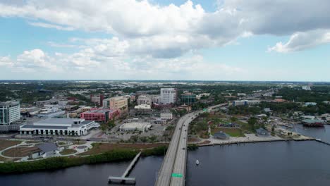 Drone-aerial-view-of-the-busy-bridge-leaving-Fort-Myers-towards-Cape-Coral