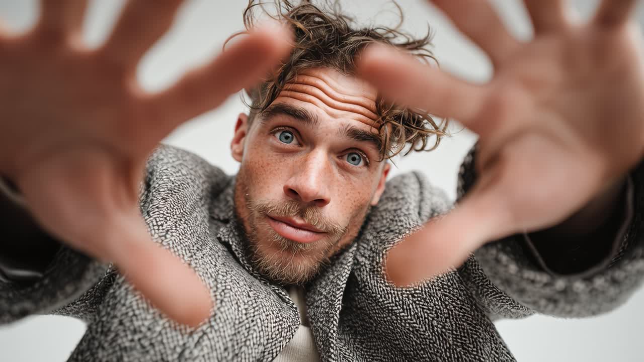 Expressive man showing different emotions in slow motion on white background