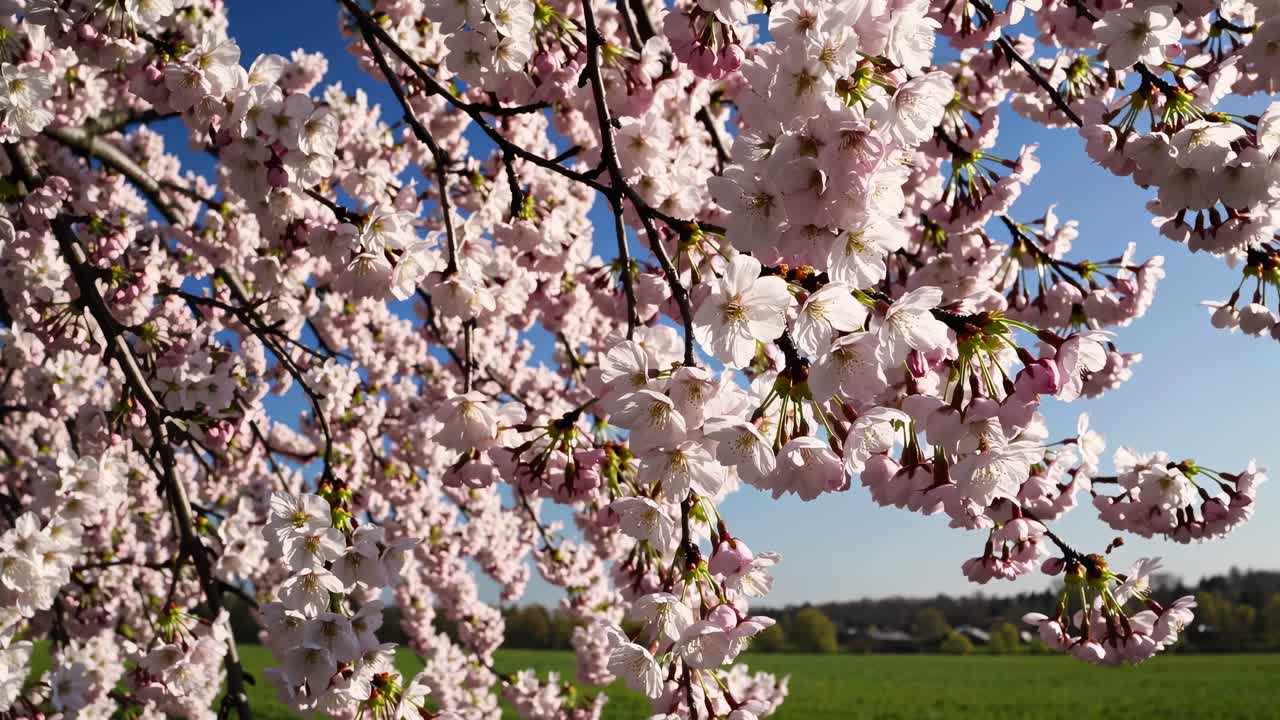 Close-up video of cherry blossoms against a clear blue sky, captured from a low angle