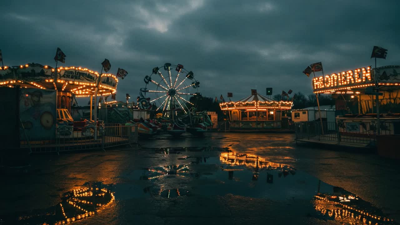 A Quiet Evening at the Amusement Park: Abandoned Rides and Reflections Under Cloudy Skies