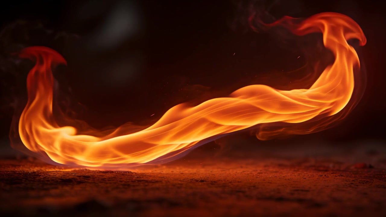 Sparks lifting, ribbon-like flame stretching and curling right above embers and smoke feeding flame