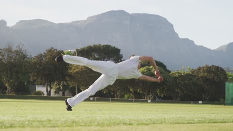 cricket player catching the ball on the pitch