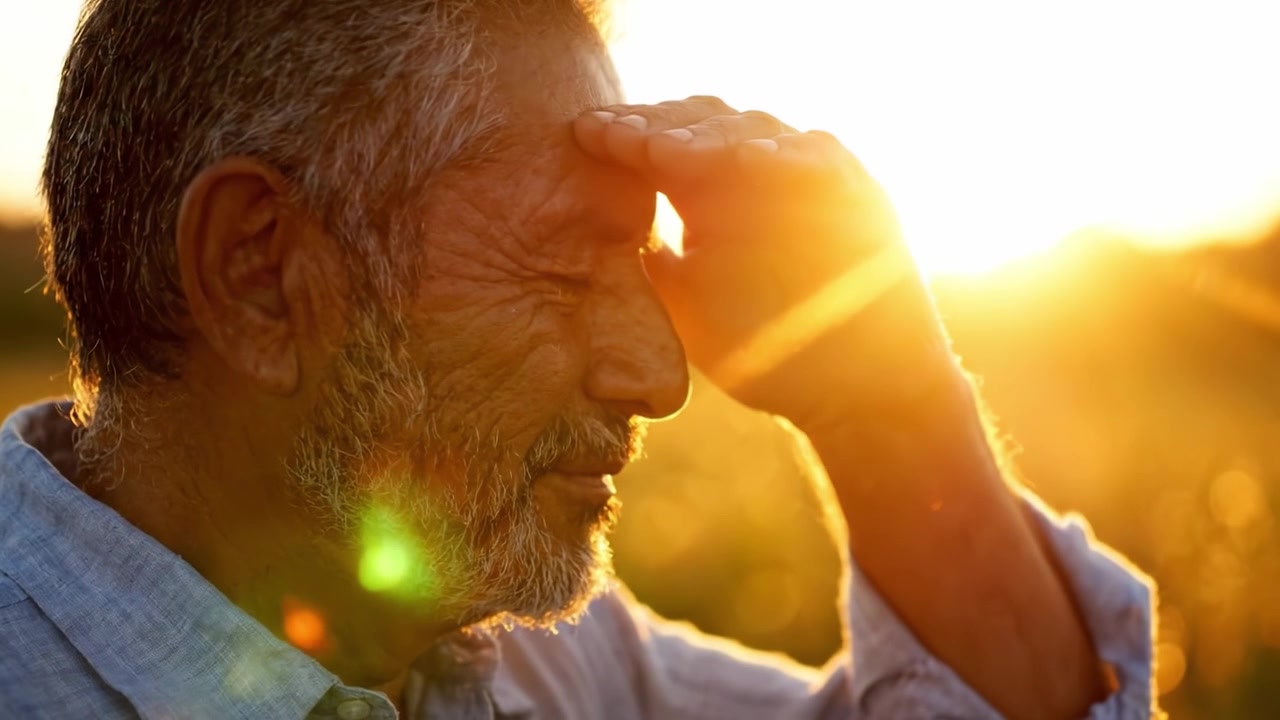 A Reflective Moment at Sunset: An Older Man Gazes Enlightened as the Golden Rays Shine Through, Embracing Nature's Beauty and Serenity in a Peaceful Landscape