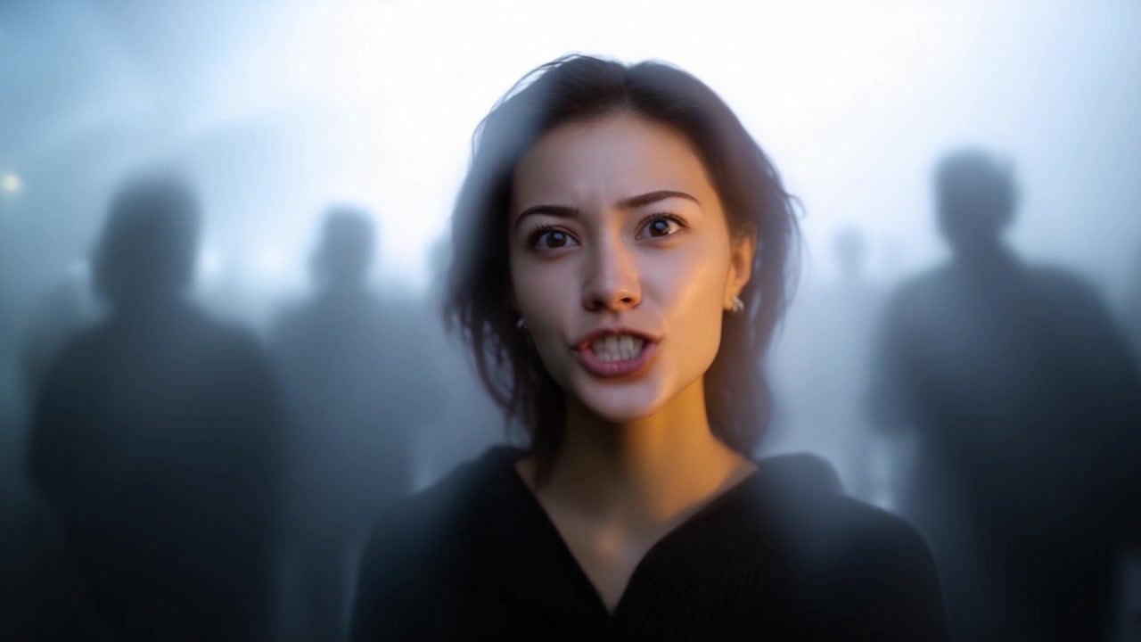 Captivating expression of a woman amidst a hazy crowd, capturing both emotion and mystery in an atmospheric moment filled with intrigue and connection.