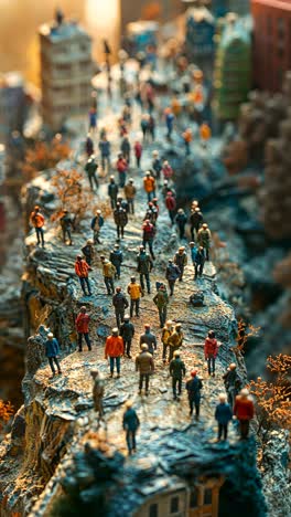 miniature representation of busy urban life on a rocky path