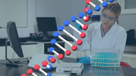 animación de una cadena de adn girando sobre una doctora que trabaja en un laboratorio