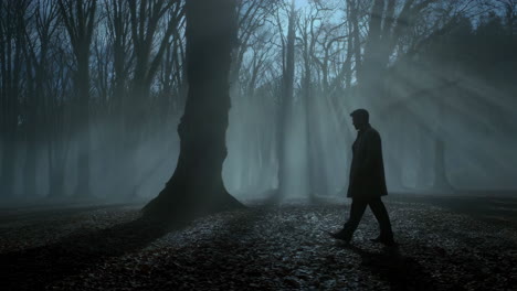 silhouette of a man walking in a foggy forest