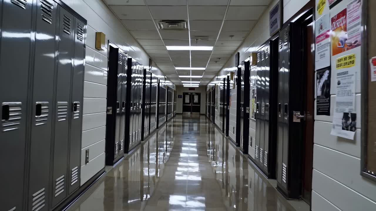 The video captures a quiet, reflective school hallway, emphasizing symmetry and depth