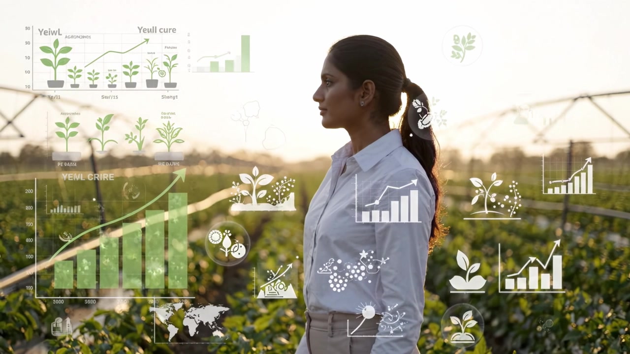 Una donna in un campo agricolo al tramonto, circondata da colture verdi e analisi di agricoltura digitale, che rappresenta innovazione e pratiche agricole sostenibili.