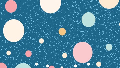 Animation-of-pastel-coloured-circles-and-blue-particles-moving-on-blue-background