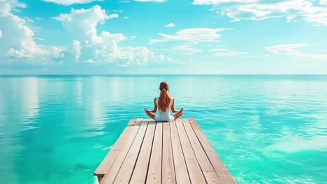 a woman sitting on a dock meditating on the water