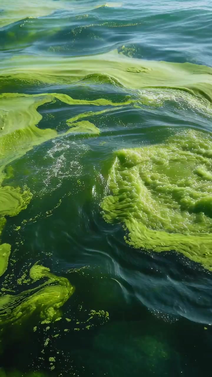 Video verticale: Stuoie di alghe verdi vorticose che galleggiano su una baia costiera, spinte dalle correnti