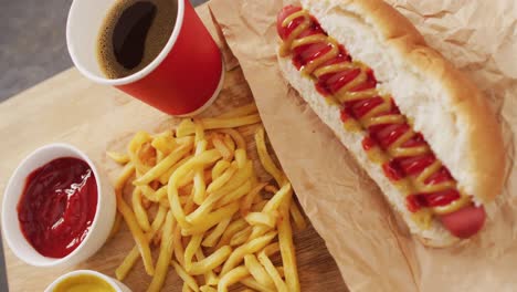 Video-of-hot-dog-with-mustard,-ketchup-and-chips-on-a-black-surface