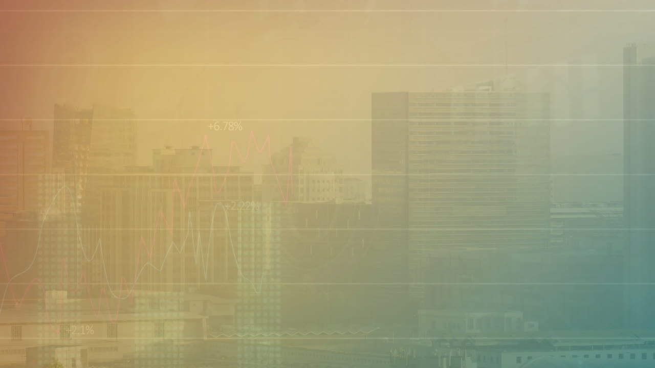 animación de múltiples gráficos con números cambiantes sobre edificios modernos contra el cielo