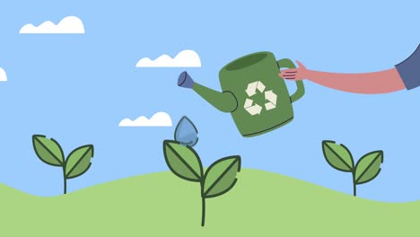 eco friendly animation with hand lifting sprinkler
