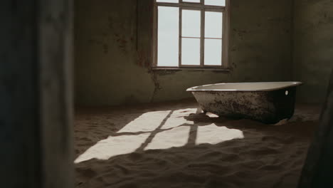 abandoned house in the desert with a bathtub covered in sand