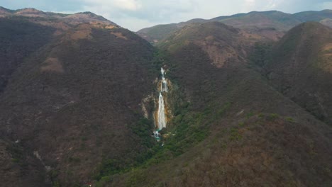 El-Chiflon-waterfalls-and-river-flowing-down-mountainside,-4K-aerial-landscape