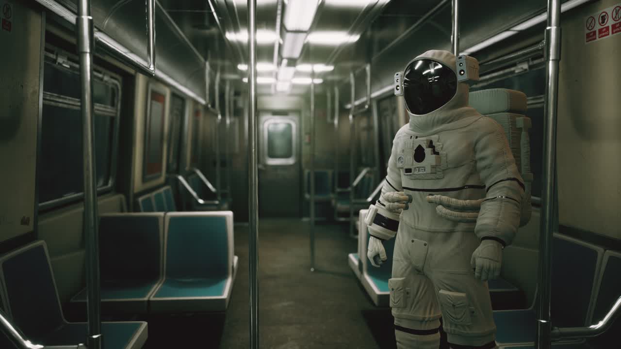 astronauta dentro del viejo vagón de metro no modernizado en ee.uu.