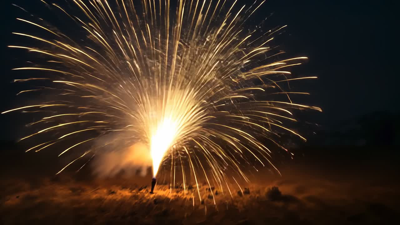 Lighting fountain firework on dry grass at night, sending golden spark trails and billowing smoke