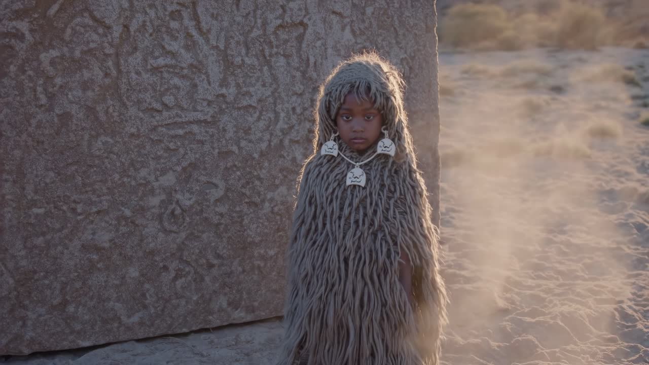 Young child in traditional attire made from natural fibers, standing solemnly before an ancient monolith in a sun drenched desert, embodying a timeless connection to history and spirituality