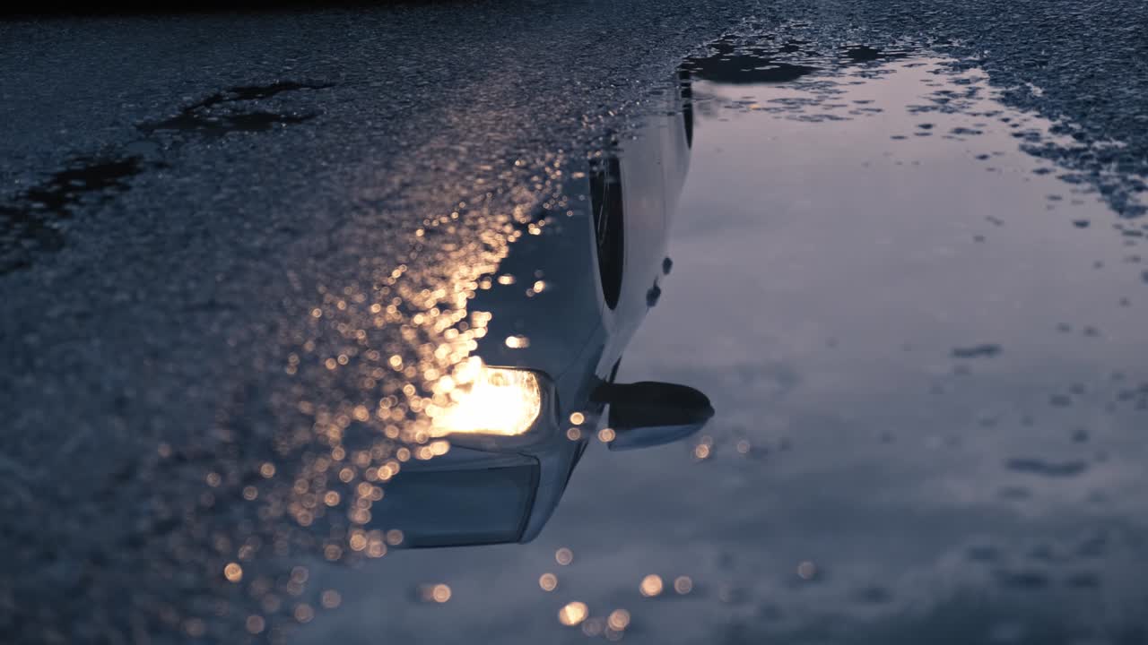 Reflection of car in puddle.