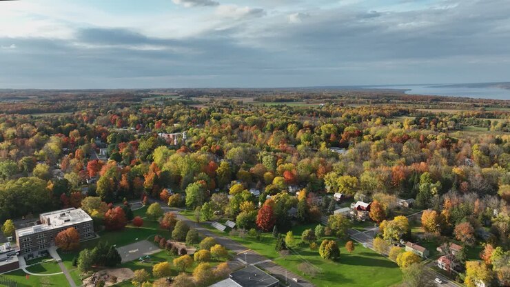 Afternoon autumn fall aerial view of Trumansburg NY USA. Located in the Finger Lakes Region near Ithaca, NY.