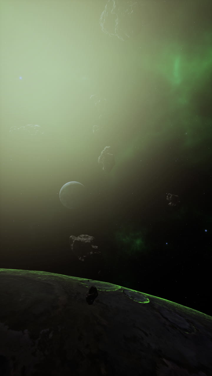 Una nebulosa verde con un planeta y estrellas
