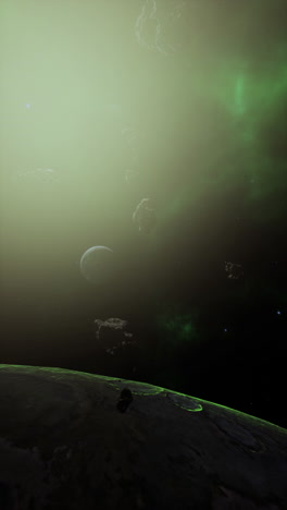 una nebulosa verde con un planeta y estrellas