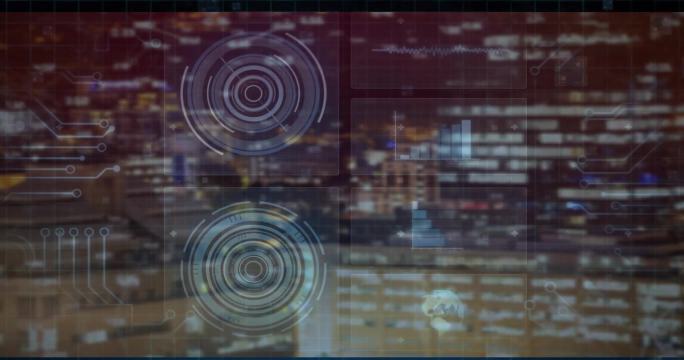 Flickering data lines driving HUD circles and bar chart emerging over city skyline showing data