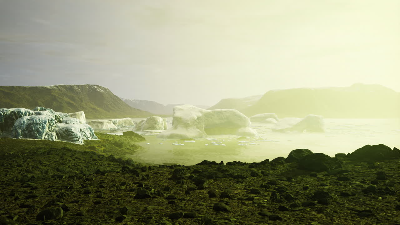 Majestic glaciers rise against the horizon bathed in soft golden light