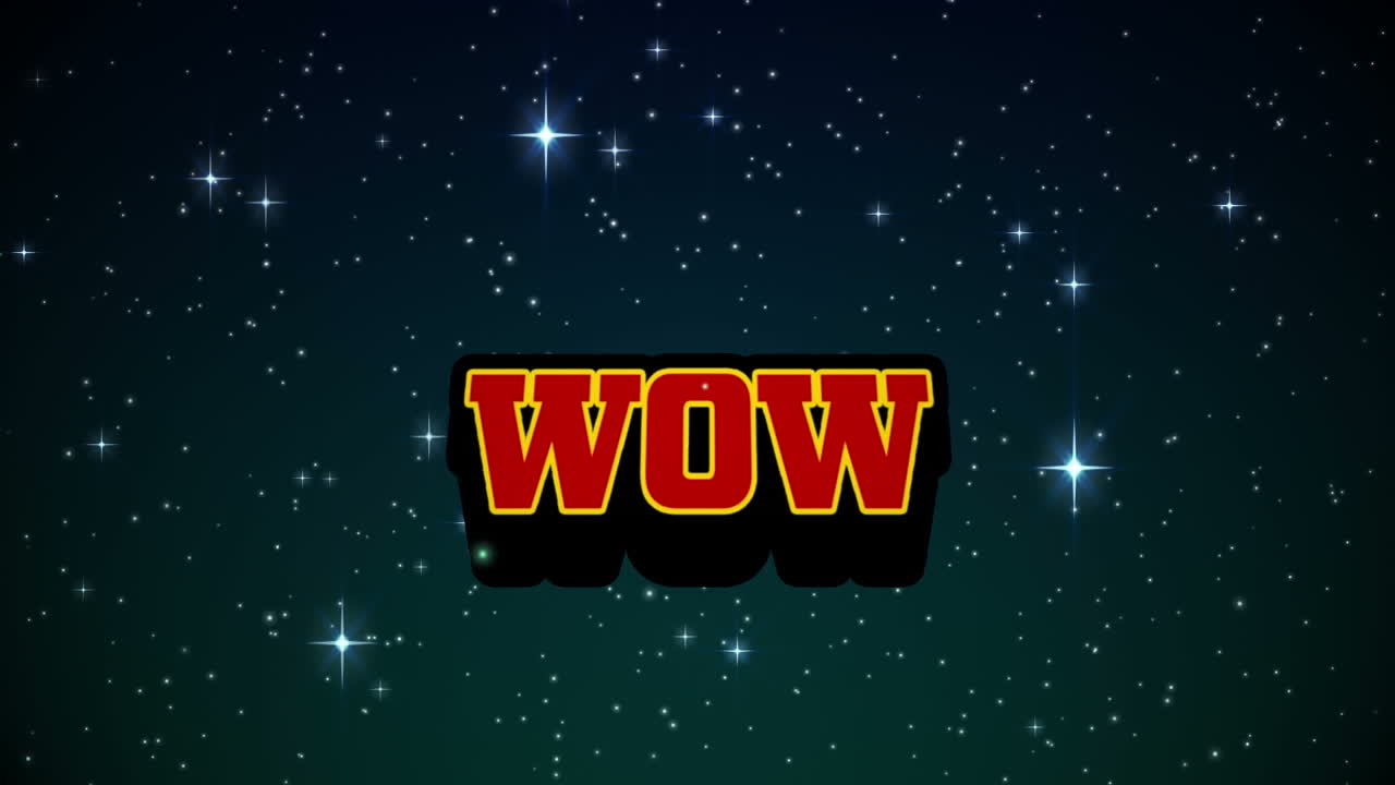 검은 바탕에 와우 텍스트와 반점의 애니메이션