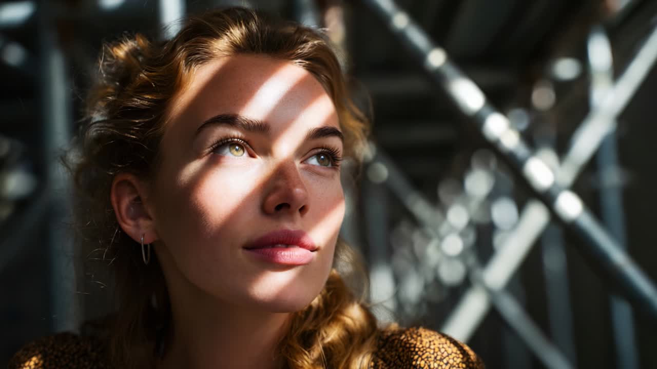 A Serene Reflection: A Young Woman Bathed in Soft Shadow Patterns and Natural Light, Capturing a Moment of Tranquility Amidst Urban Scaffolding Background