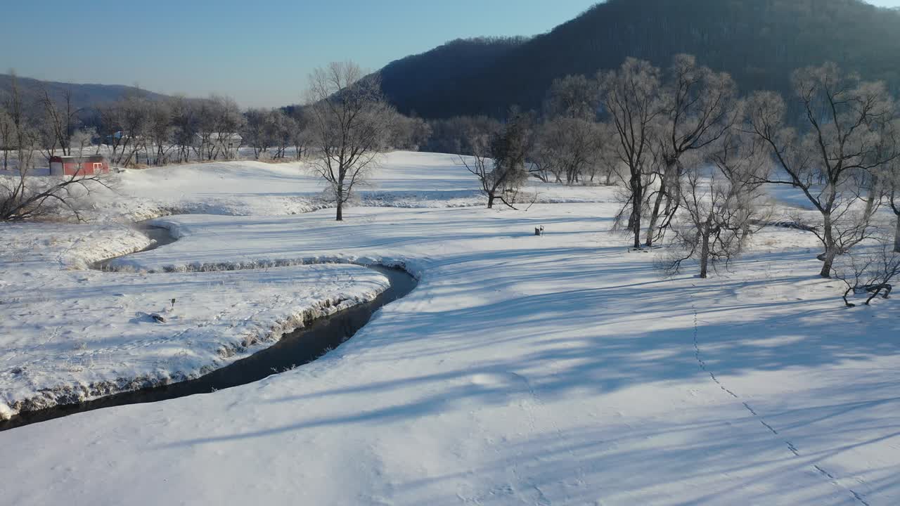 Snowy Winter Landscape with Frozen River and Trees