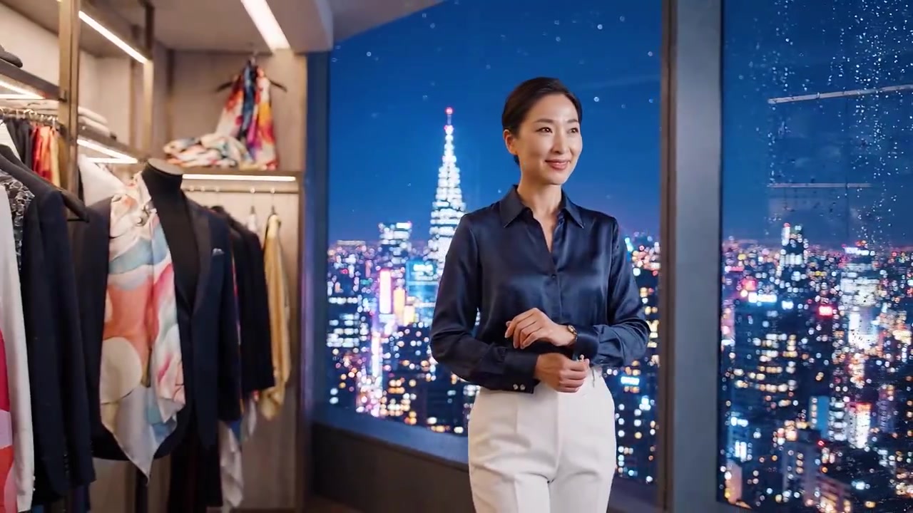 Một người phụ nữ sành điệu ngắm nhìn khung cảnh thành phố lấp lánh từ căn hộ cao tầng, xung quanh là những bộ quần áo thanh lịch và được chiếu sáng bởi ánh đèn thành phố về đêm