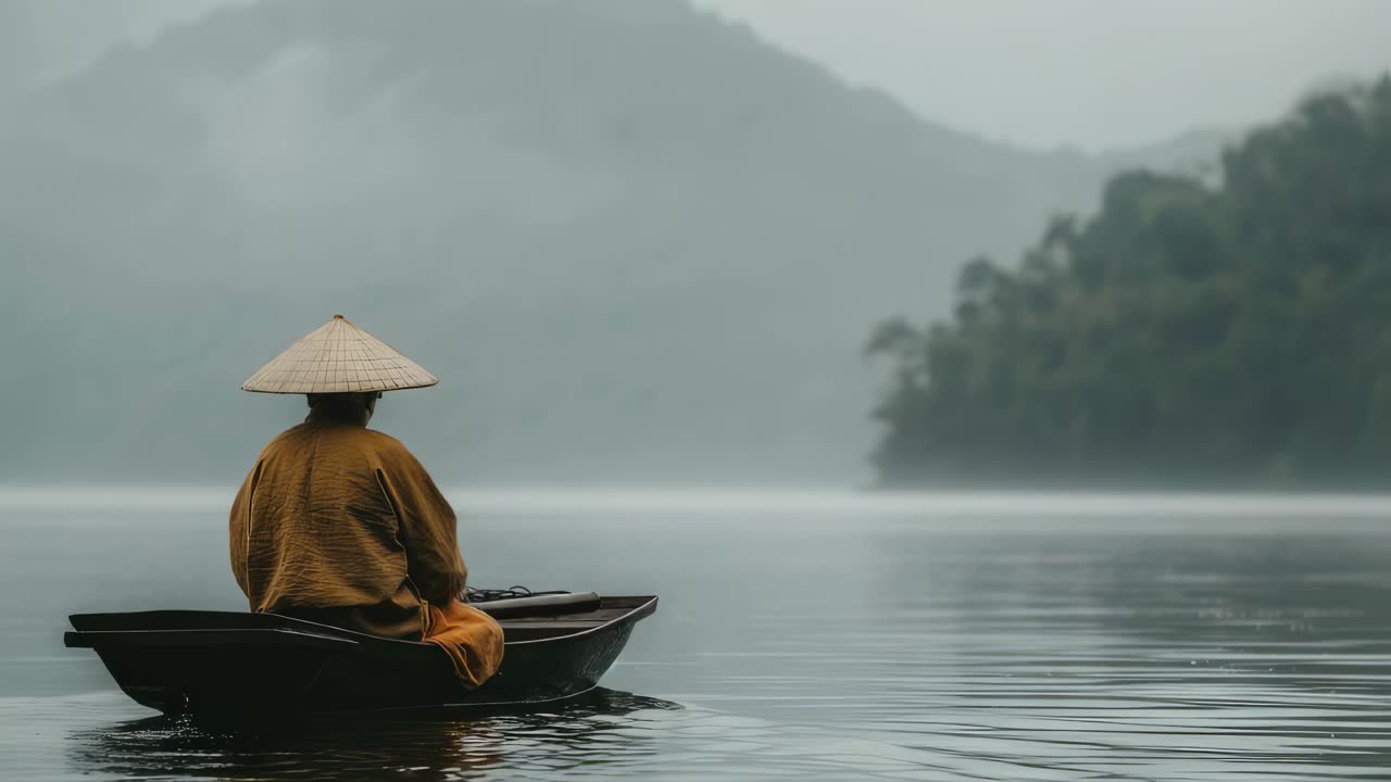 Monk in a Boat on a Misty River
