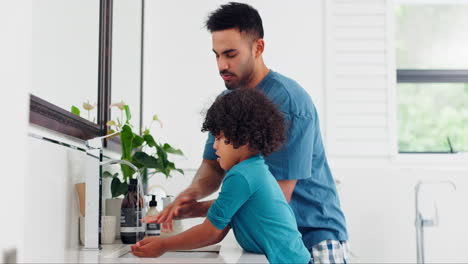 water, washing hands and father with son