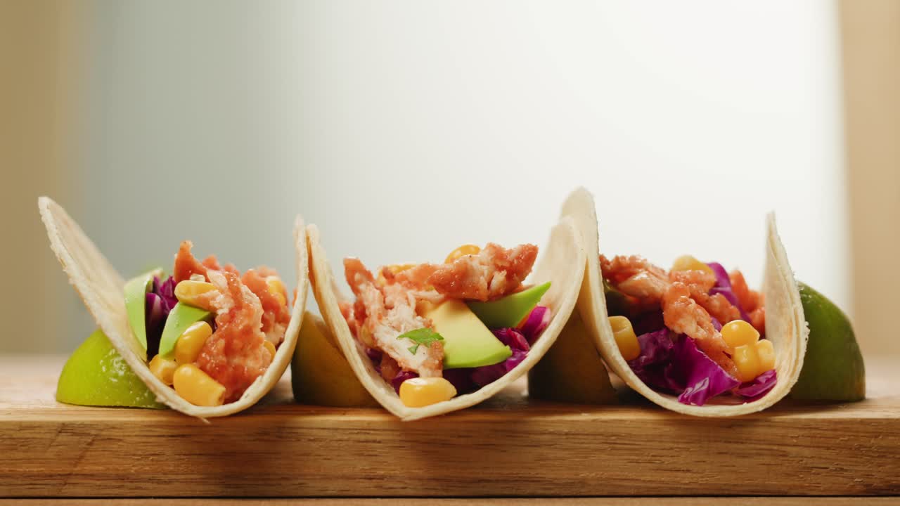 Chicken Tacos with Avocado, Corn, and Red Cabbage