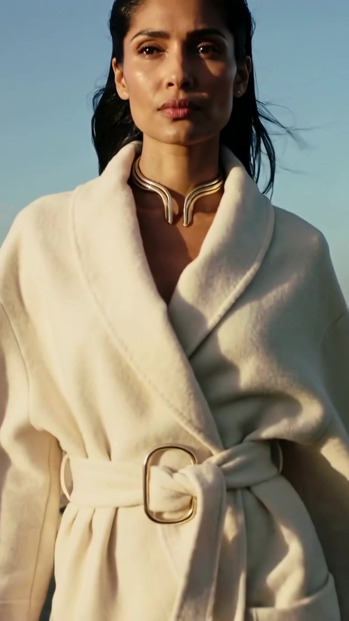 Video verticale: Modella che cammina sulle dune di sabbia, la telecamera si alza mostrando un cappotto con cintura e un girocollo d'oro per un film.