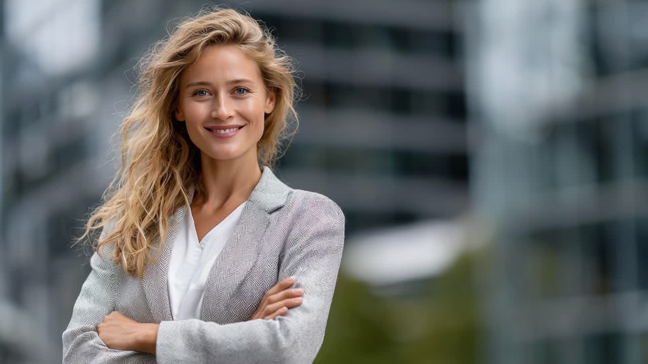 Una donna sorridente, sicura di sé e allegra davanti a un moderno sfondo urbano, che esprime positività e professionalità
