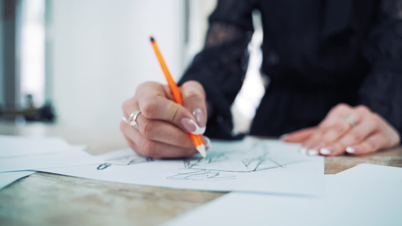 Process of drawing a sketch of a model dress on paper by female tailor. Professional designer draws with a pencil on the table in atelier.