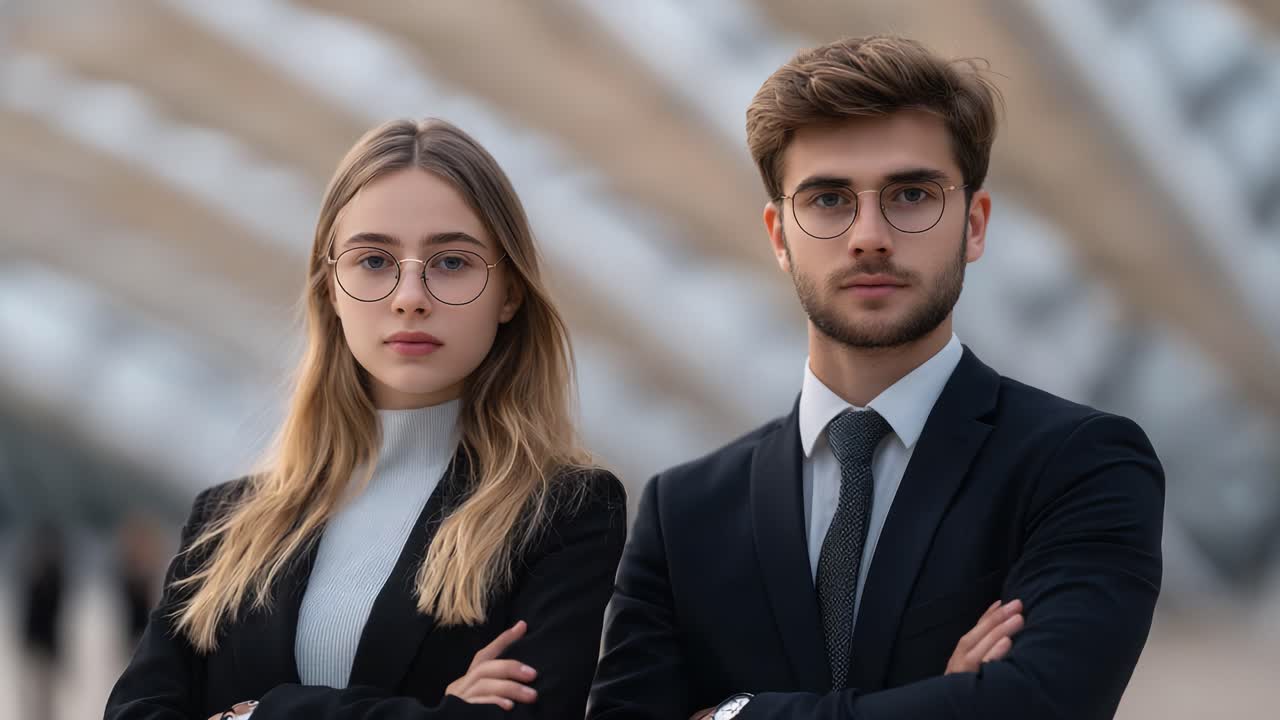 A stylish young professional couple stands confidently in formal attire, showcasing modern elegance against a contemporary architectural background