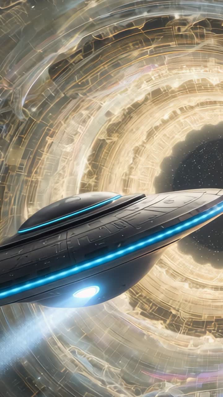 Vertical video: Gliding starship approaching golden energy portal in space, with glowing circuitry