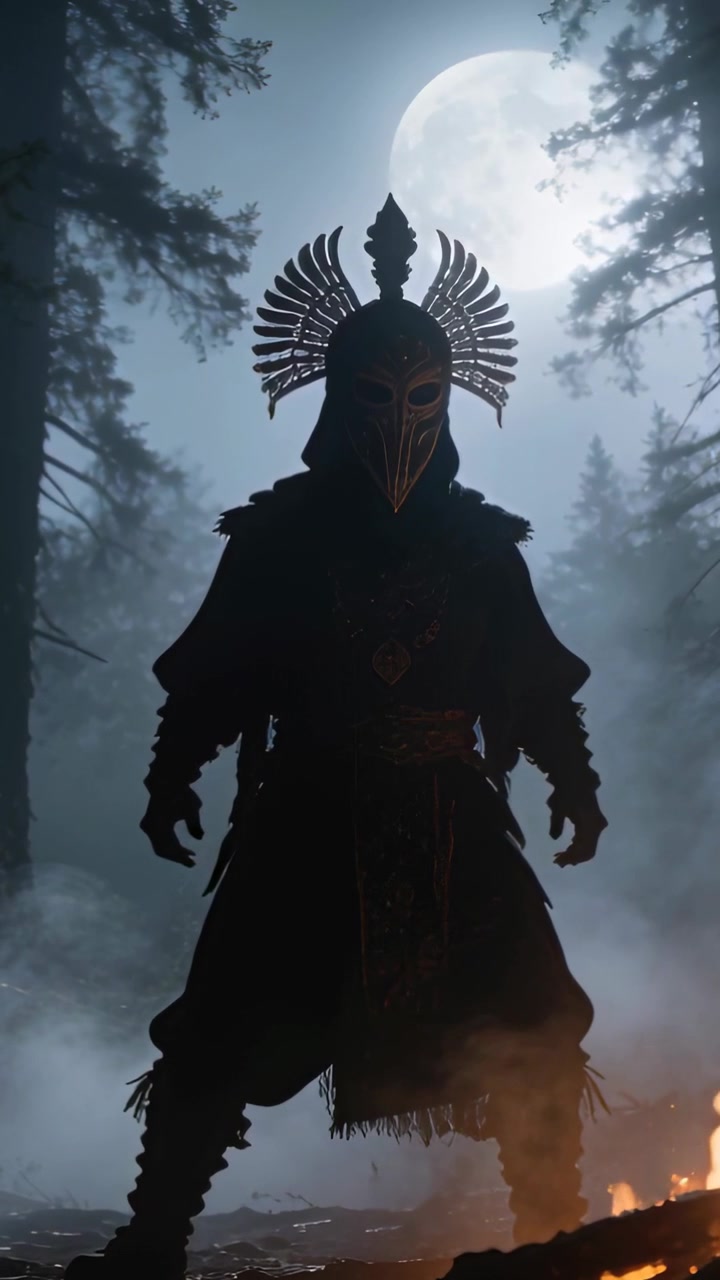 Vertical video: Standing masked warrior with helm holding ritual stance as fire flaring in woods