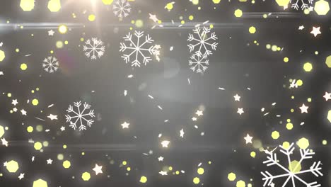 Animation-of-snow-falling-and-christmas-fairy-lights-flickering-over-black-background