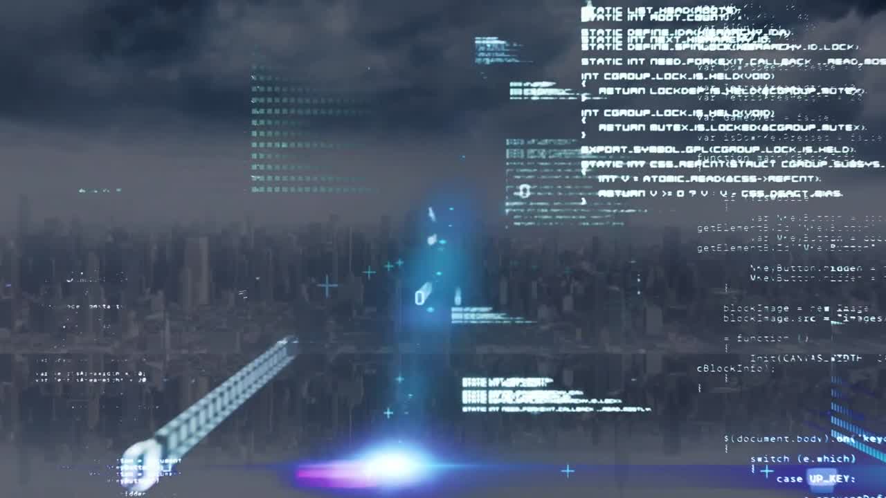 Animation of binary coding and data processing over cityscape