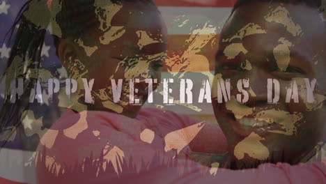 animation of american flag waving over happy veterans day text man carrying his daughter