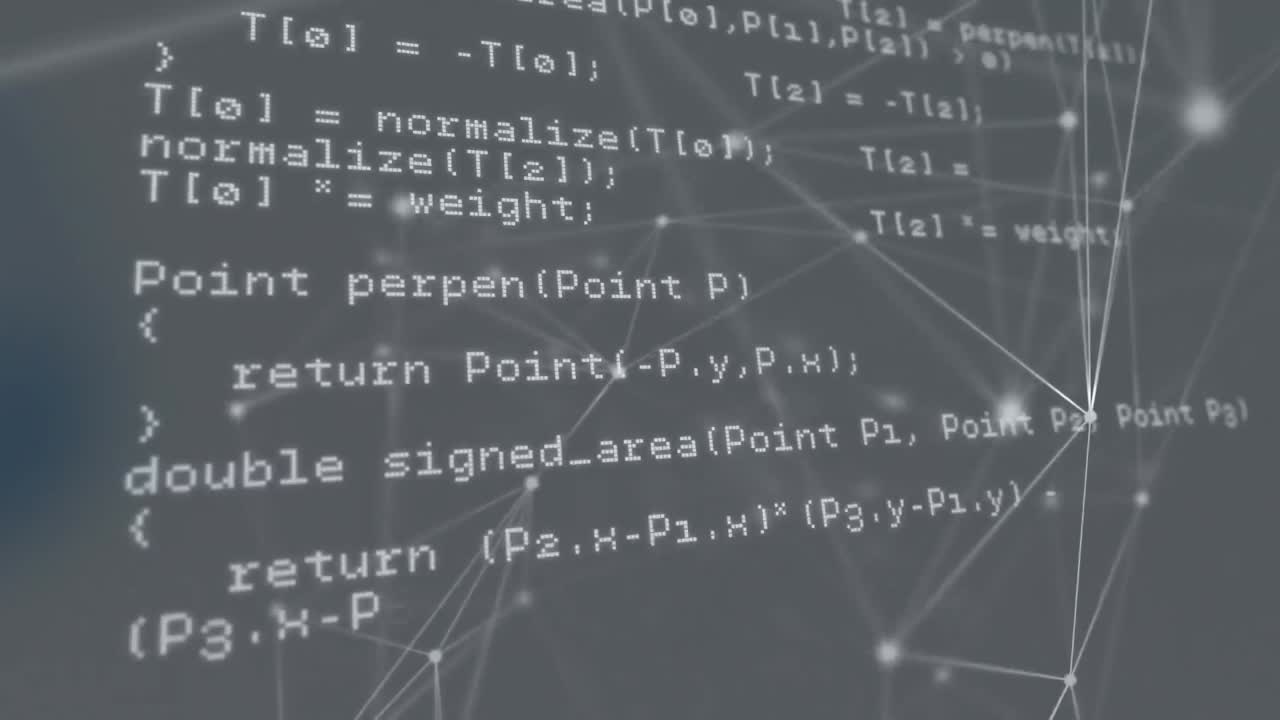 Animation of computer language and dots connected with lines over gray background