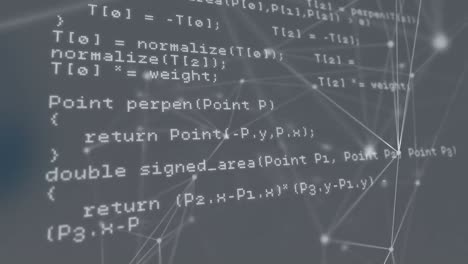 animation of computer language and dots connected with lines over gray background